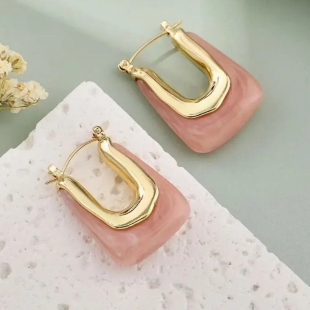 NEW 24k Gold Plated Pink and Gold Square Drop Hoop Earrings Hoops